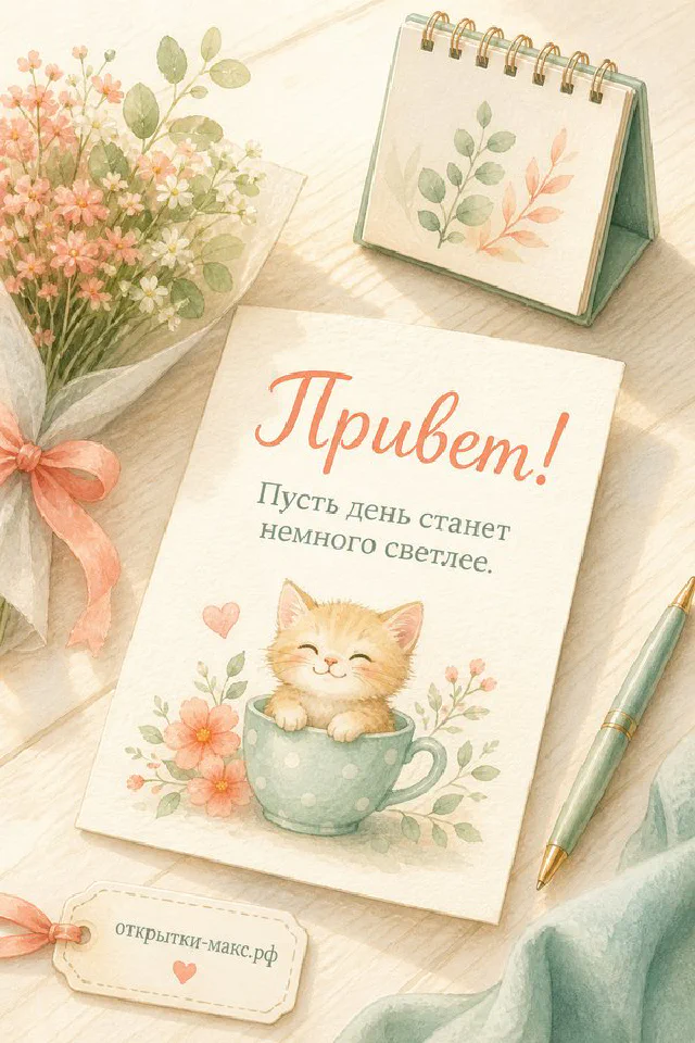 Открытка «Привет» с растительным узором лежит рядом со свечой и конвертом, акварельный пейзаж с луной — вариант 7