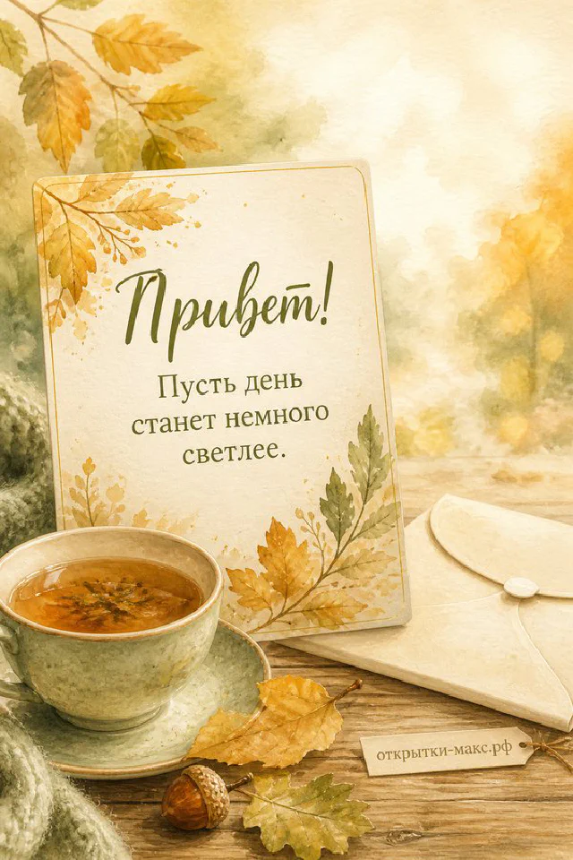 Открытка «Привет» с растительным узором лежит рядом со свечой и конвертом, акварельный пейзаж с луной — вариант 8
