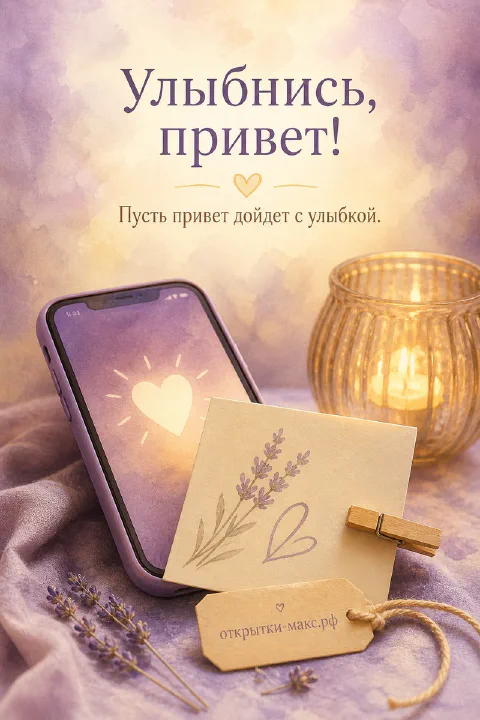 Открытка привет со свечой в стакане, лавандой и смартфоном с сердечком на фиолетовом фоне