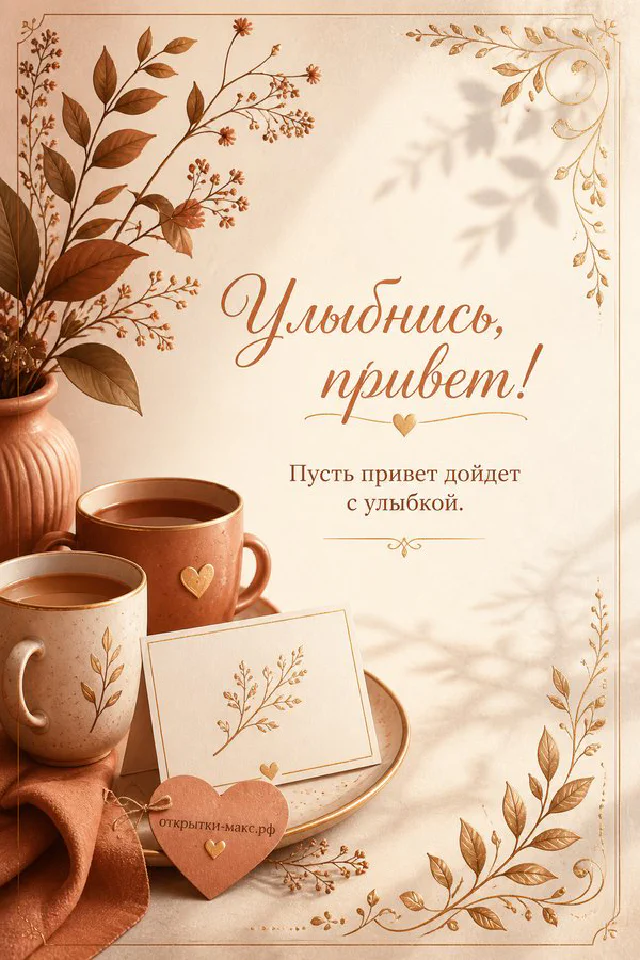 Открытка привет со свечой в стакане, лавандой и смартфоном с сердечком на фиолетовом фоне — вариант 2