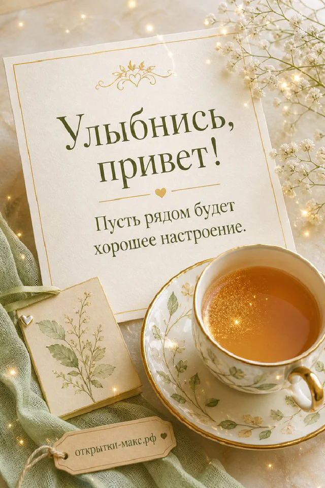 Открытка с горящей свечой в стакане и оливковой веточкой на светлом фоне с огоньками гирлянды — вариант 2