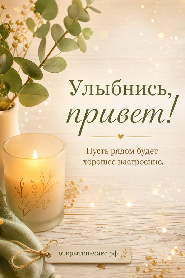 Открытка с горящей свечой в стакане и оливковой веточкой на светлом фоне с огоньками гирлянды — вариант 3