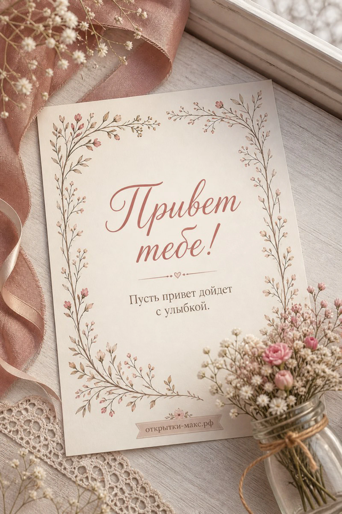 Открытка с тонким цветочным орнаментом, надпись «Привет тебе» на бежевом фоне с лентой
