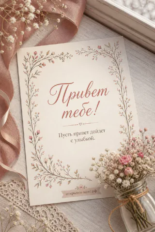 Открытка с тонким цветочным орнаментом, надпись «Привет тебе» на бежевом фоне с лентой