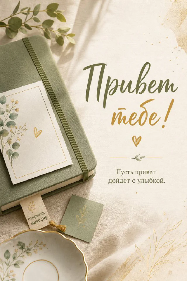 Открытка с тонким цветочным орнаментом, надпись «Привет тебе» на бежевом фоне с лентой — вариант 4