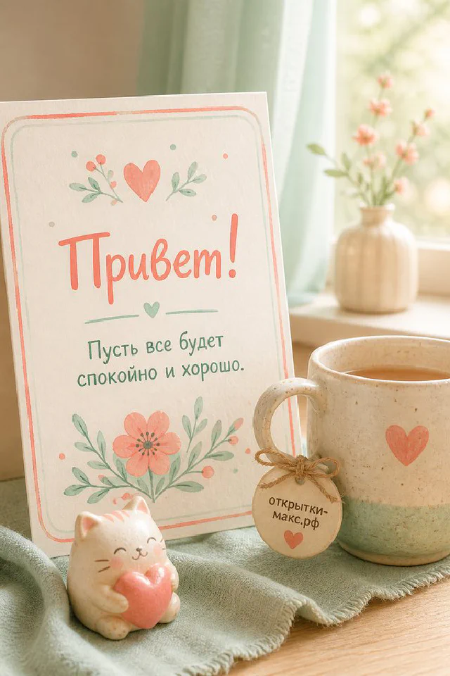 Акварельная открытка с розовыми тюльпанами и кружкой чая рядом на зелёной ткани, светлый фон — вариант 4