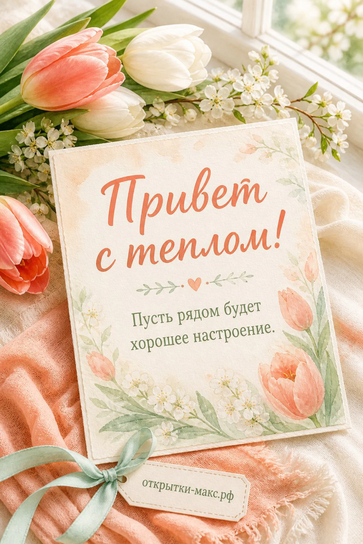 Розовые и белые тюльпаны рядом с открыткой на персиковом пледе у окна