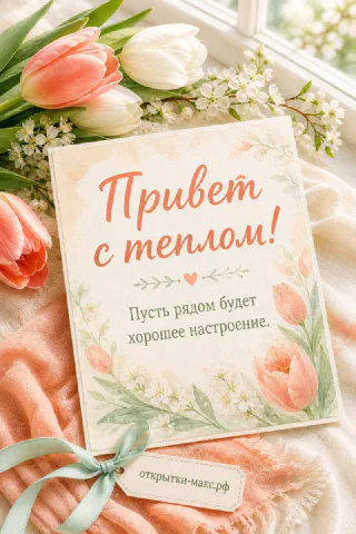 Розовые и белые тюльпаны рядом с открыткой на персиковом пледе у окна