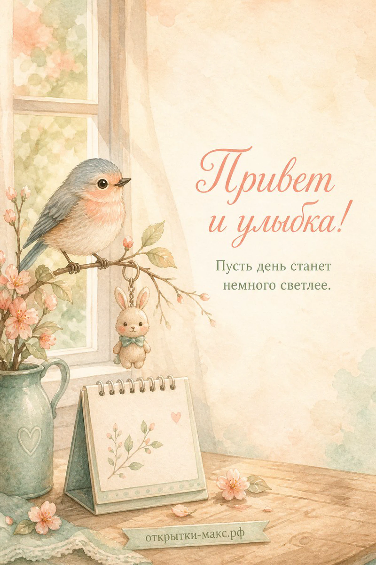Акварельная птичка на ветке с вишнёвыми цветами, плюшевый зайчик и блокнот у светлого окна