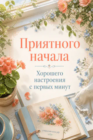 Открытка Приятного начала с розовыми цветами и книгами у светлого окна