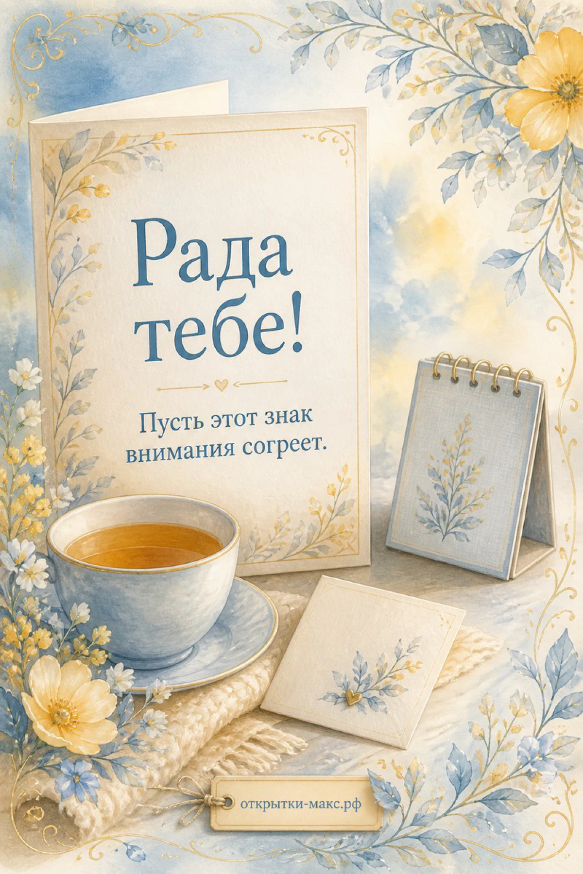 Голубая чашка чая с блюдцем и карточка Рада тебе среди акварельных цветов