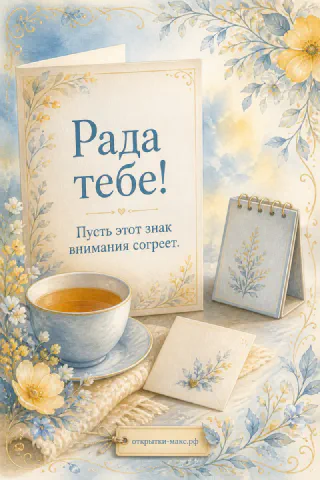 Голубая чашка чая с блюдцем и карточка Рада тебе среди акварельных цветов