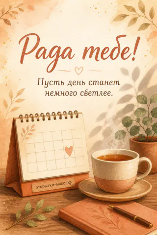 Акварельная кружка чая рядом с настольным календарём и надписью Рада тебе