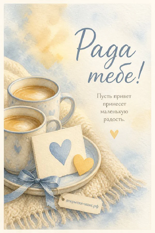 Карточка Рада тебе с сердечком на коричневом ежедневнике рядом с чашкой кофе — вариант 2