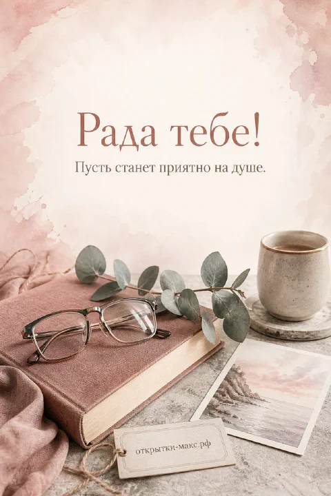 Книга с очками и ветка эвкалипта рядом с кружкой на пастельном розовом фоне, открытка Рада тебе