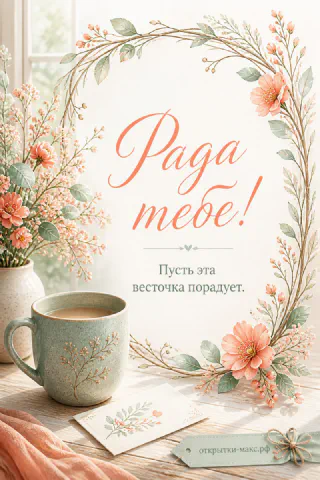 Голубая кружка кофе и карточка Рада тебе в венке из розовых акварельных цветов