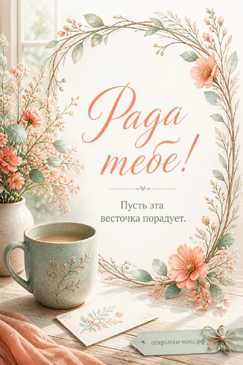 Голубая кружка кофе и карточка Рада тебе в венке из розовых акварельных цветов