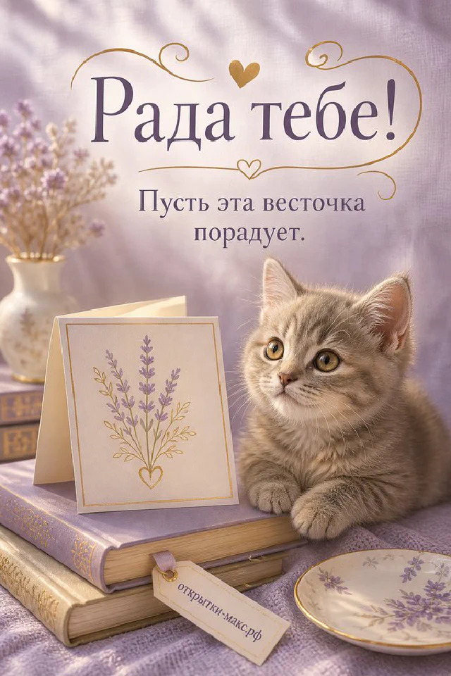 Голубая кружка кофе и карточка Рада тебе в венке из розовых акварельных цветов — вариант 2