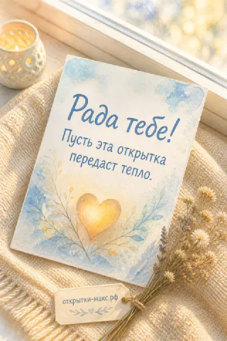 Голубая акварельная открытка со светящимся сердцем среди листьев на тёплом пледе