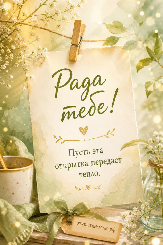 Голубая акварельная открытка со светящимся сердцем среди листьев на тёплом пледе — вариант 2
