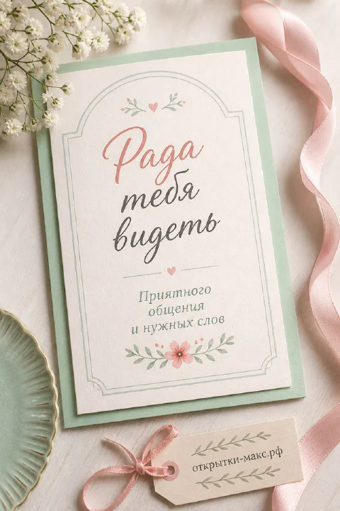 Зелёный конверт с карточкой Рада тебя видеть в арочной рамке рядом с гипсофилой и розовой лентой