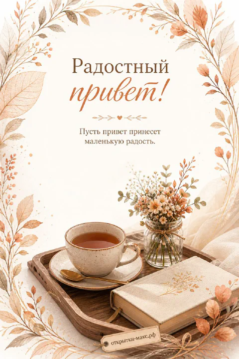 Деревянный поднос с чашкой чая, букетом цветов и книгой, надпись Радостный привет