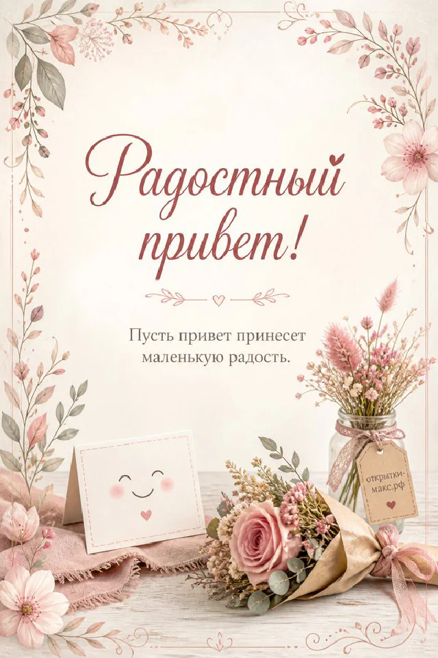 Деревянный поднос с чашкой чая, букетом цветов и книгой, надпись Радостный привет — вариант 2