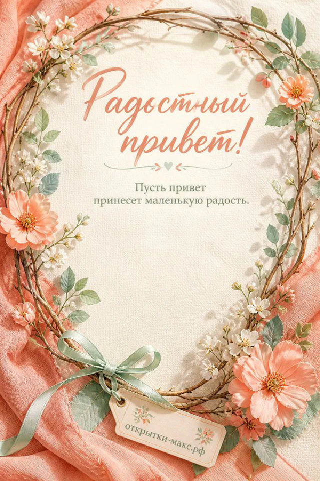 Деревянный поднос с чашкой чая, букетом цветов и книгой, надпись Радостный привет — вариант 3