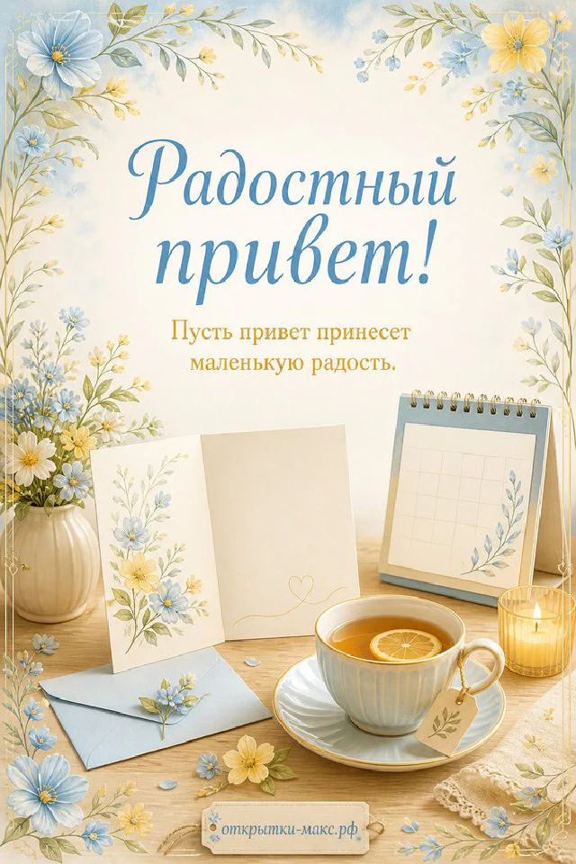 Деревянный поднос с чашкой чая, букетом цветов и книгой, надпись Радостный привет — вариант 4