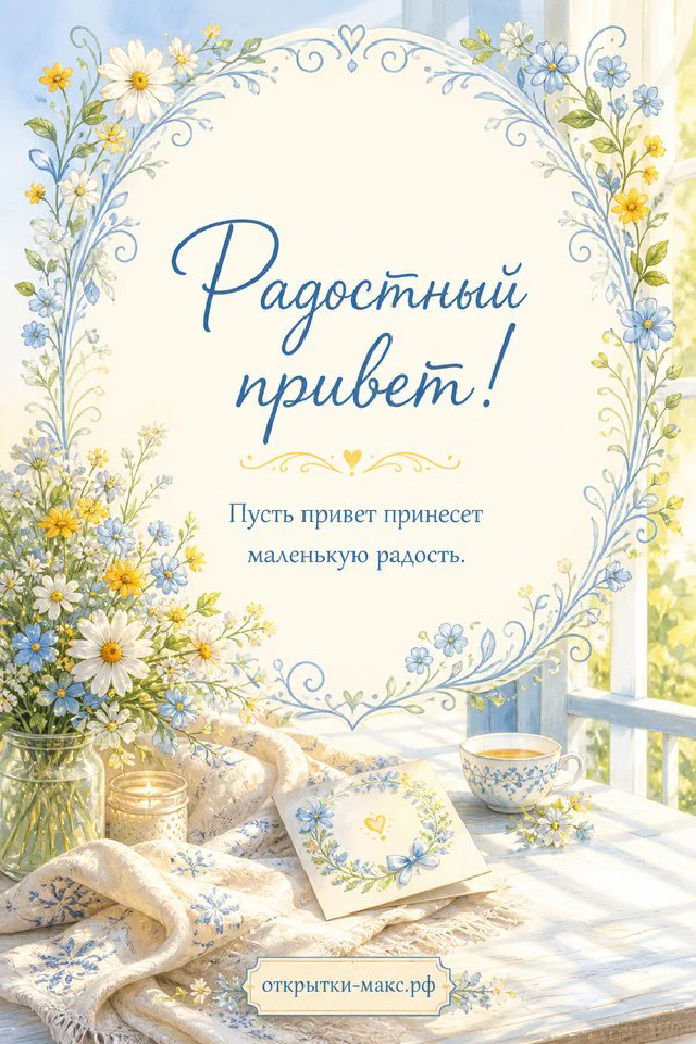 Деревянный поднос с чашкой чая, букетом цветов и книгой, надпись Радостный привет — вариант 5