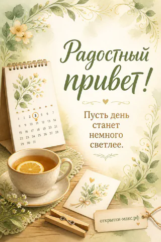 Чашка чая с лимоном и настольный календарь с зелёным акварельным орнаментом, Радостный привет