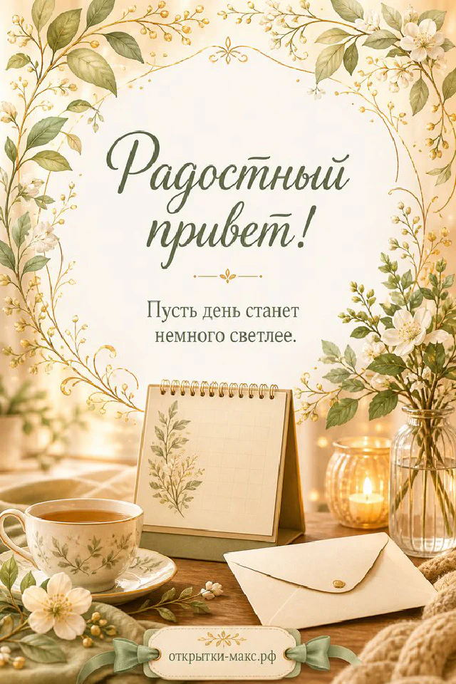 Чашка чая с лимоном и настольный календарь с зелёным акварельным орнаментом, Радостный привет — вариант 4