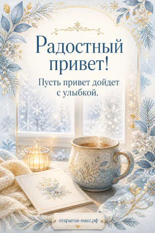 Керамическая кружка с чаем у заснеженного окна, свеча и открытка с надписью Радостный привет