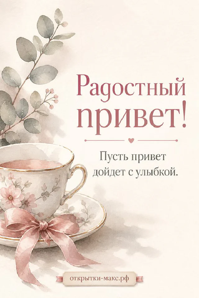 Керамическая кружка с чаем у заснеженного окна, свеча и открытка с надписью Радостный привет — вариант 2