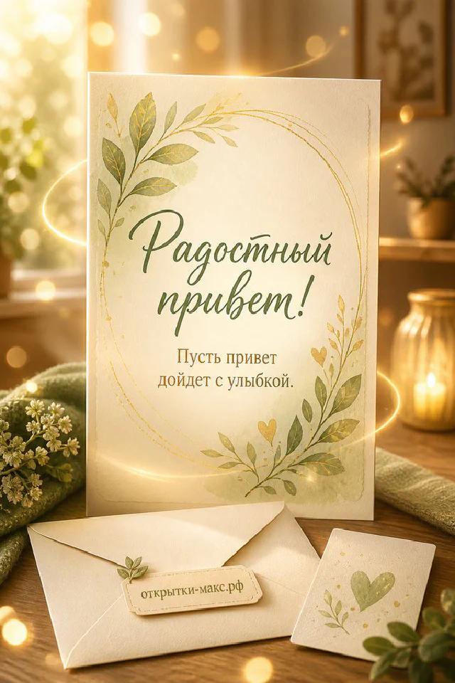 Керамическая кружка с чаем у заснеженного окна, свеча и открытка с надписью Радостный привет — вариант 3