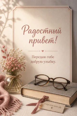 Книга с очками и сухоцветами, карточка Радостный привет передаю добрую улыбку