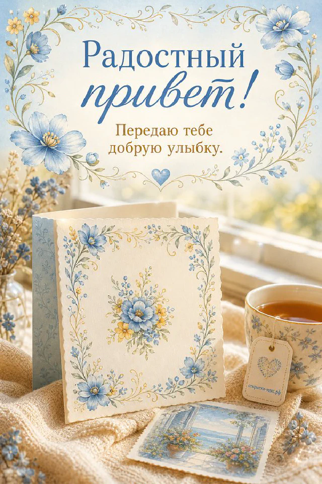 Книга с очками и сухоцветами, карточка Радостный привет передаю добрую улыбку — вариант 2