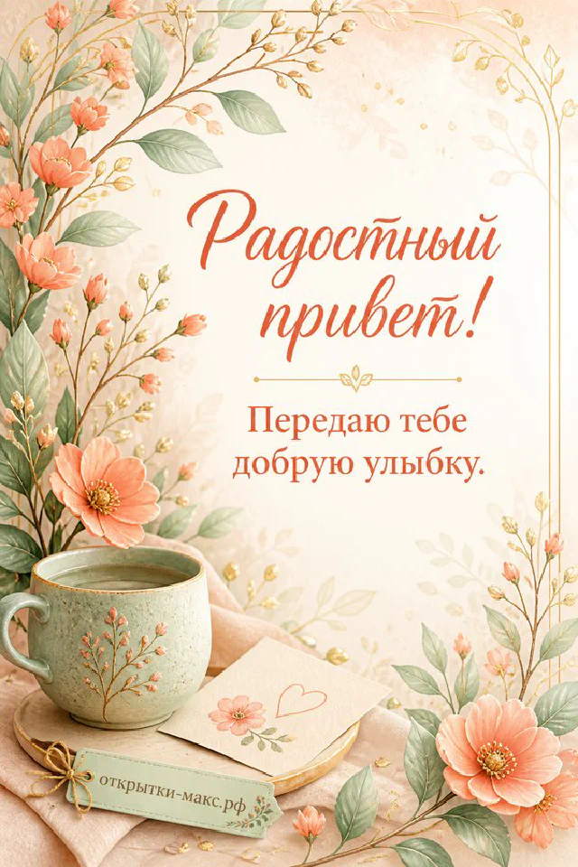 Книга с очками и сухоцветами, карточка Радостный привет передаю добрую улыбку — вариант 3
