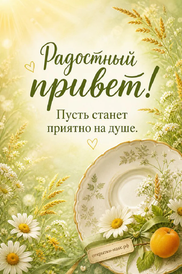Большой конверт среди осенних листьев на светлом фоне с надписью Радостный привет — вариант 3