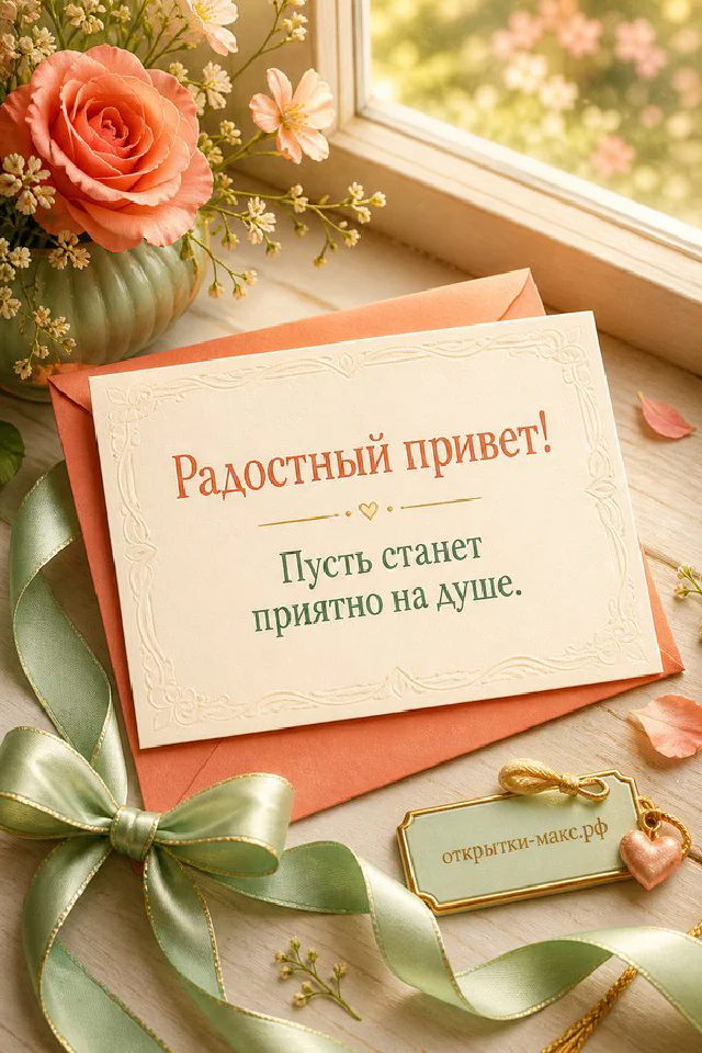 Большой конверт среди осенних листьев на светлом фоне с надписью Радостный привет — вариант 4