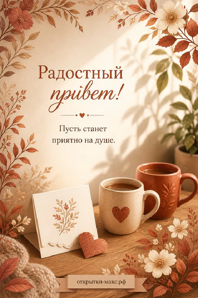 Большой конверт среди осенних листьев на светлом фоне с надписью Радостный привет — вариант 5