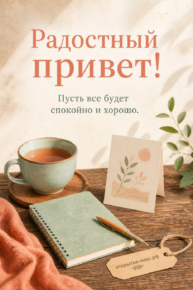 Серая птица на ветке с розовыми цветами и листьями эвкалипта, открытка Радостный привет — вариант 2