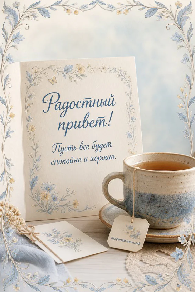 Серая птица на ветке с розовыми цветами и листьями эвкалипта, открытка Радостный привет — вариант 3