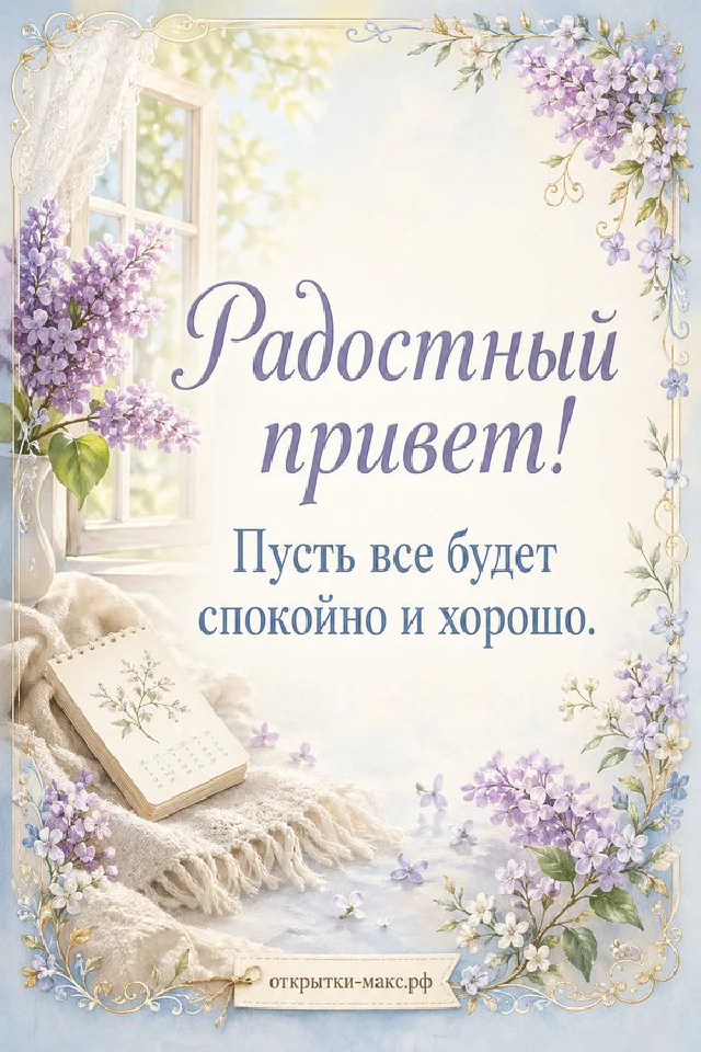 Серая птица на ветке с розовыми цветами и листьями эвкалипта, открытка Радостный привет — вариант 4