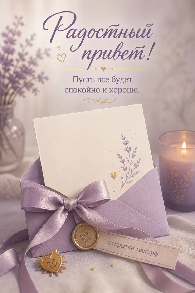 Серая птица на ветке с розовыми цветами и листьями эвкалипта, открытка Радостный привет — вариант 5