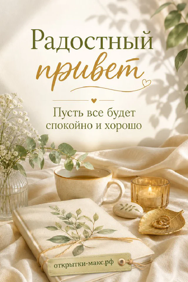 Серая птица на ветке с розовыми цветами и листьями эвкалипта, открытка Радостный привет — вариант 6