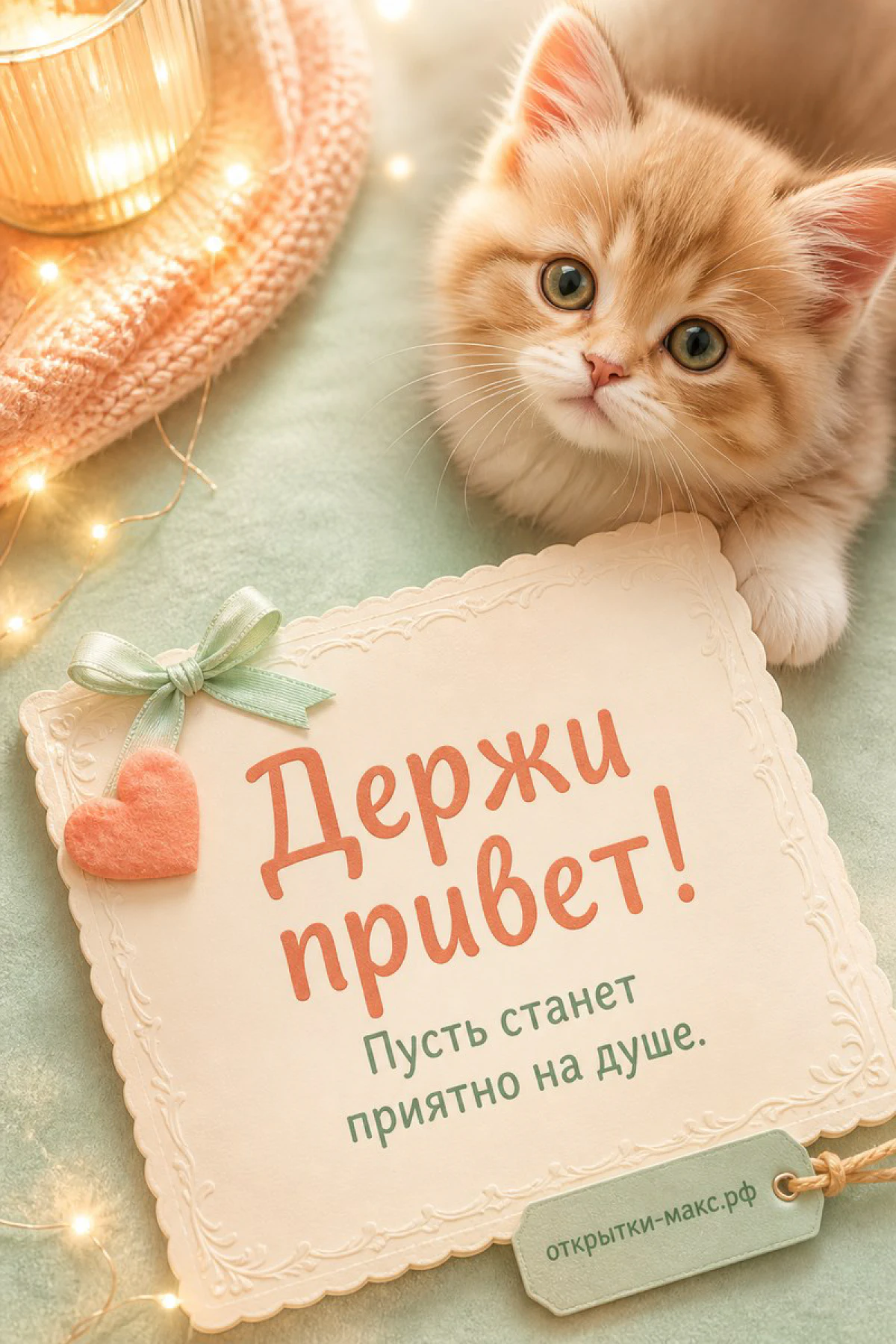 Рыжий пушистый котёнок с табличкой Держи привет и розовым сердечком на мятном пледе с гирляндой