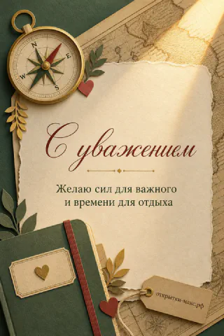 Золотой компас на старой карте рядом с зелёным блокнотом и листьями, надпись С уважением