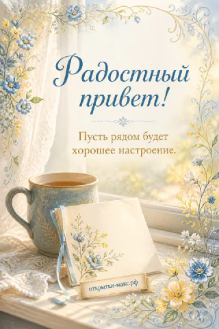 Светлый стол, улыбчивый рисунок на карточке и букетик рядом