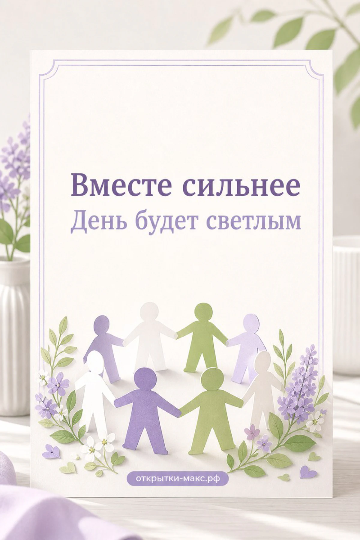 Светлый стол, улыбчивый рисунок на карточке и букетик рядом